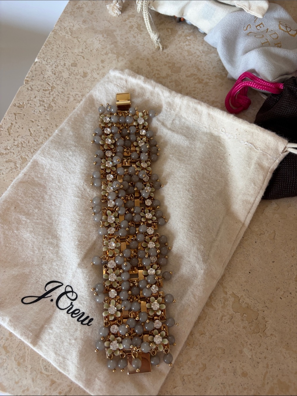 J. Crew Gold and Gray Beaded Floral Cluster Bracelet